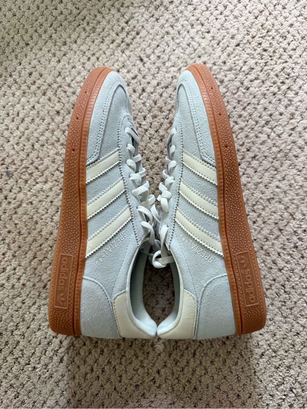 adidas Women’s Suede Sneakers in Light Blue with Cream Stripes and Gum Sole